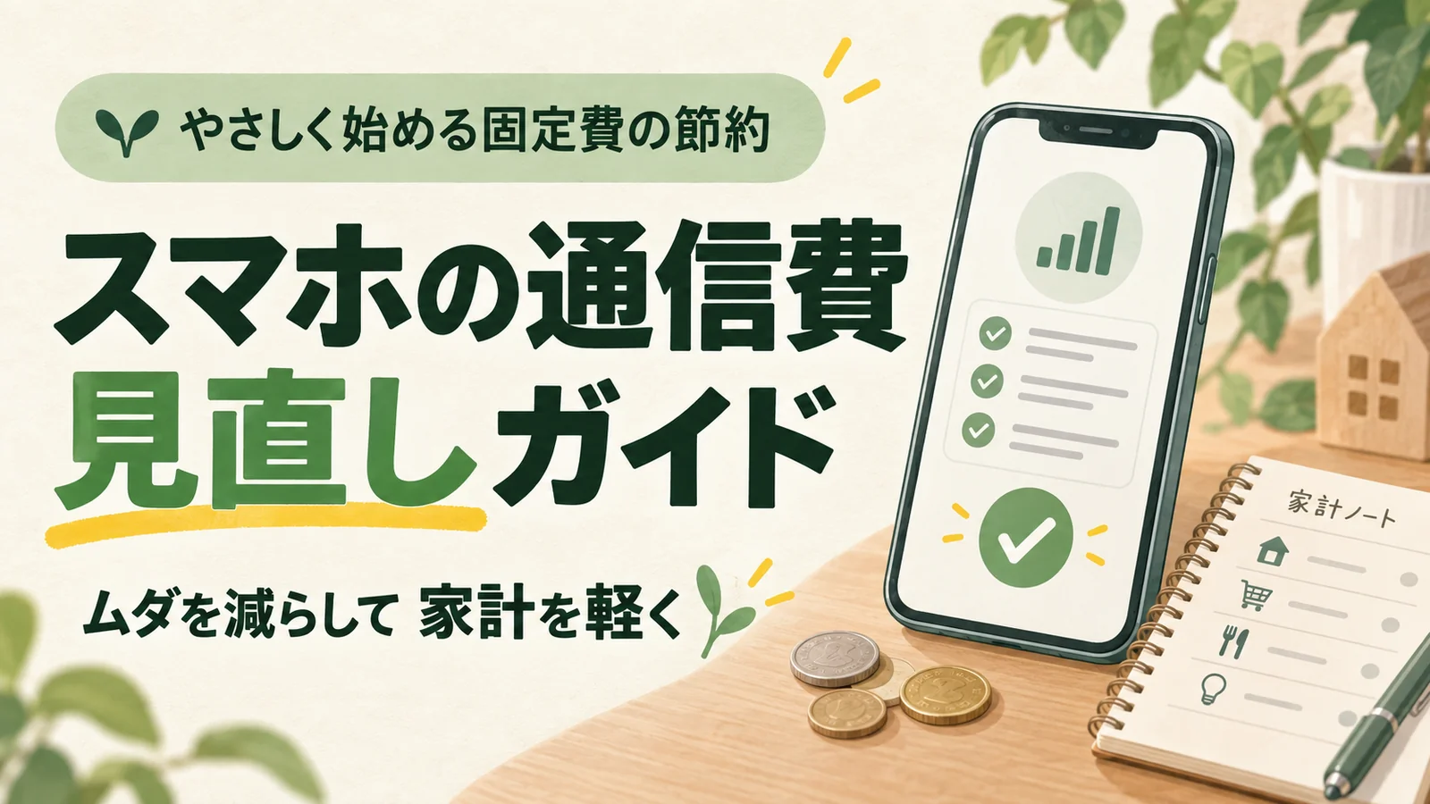 スマホの通信費見直しガイドの文字とスマートフォンや家計ノートを描いたアイキャッチ