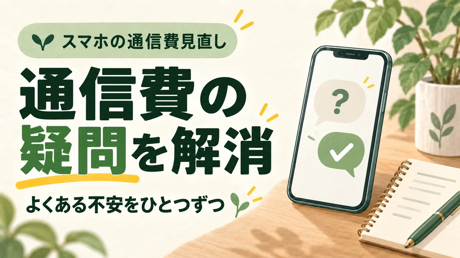 通信費の疑問を解消の文字と質問とチェックマークの吹き出し