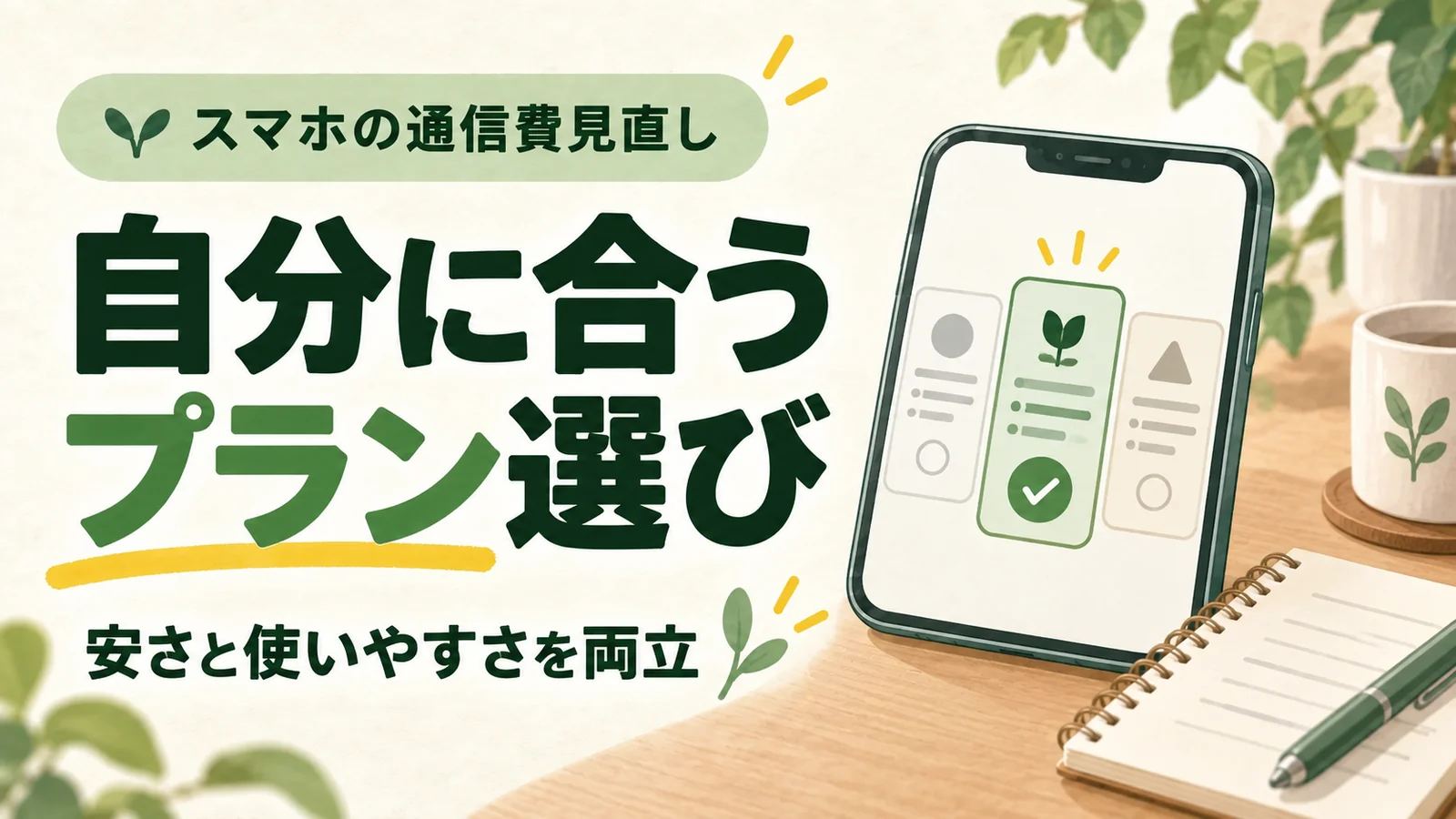 自分に合うプラン選びの文字と料金プランを比較するスマートフォン