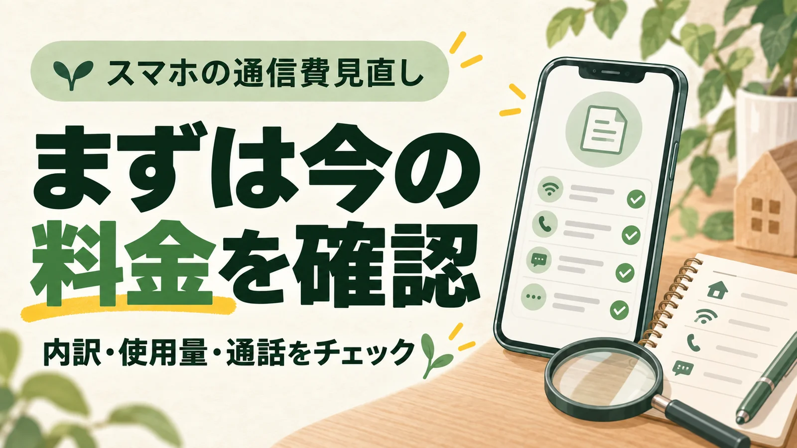まずは今の料金を確認の文字と請求内訳を確認するスマートフォンと虫眼鏡