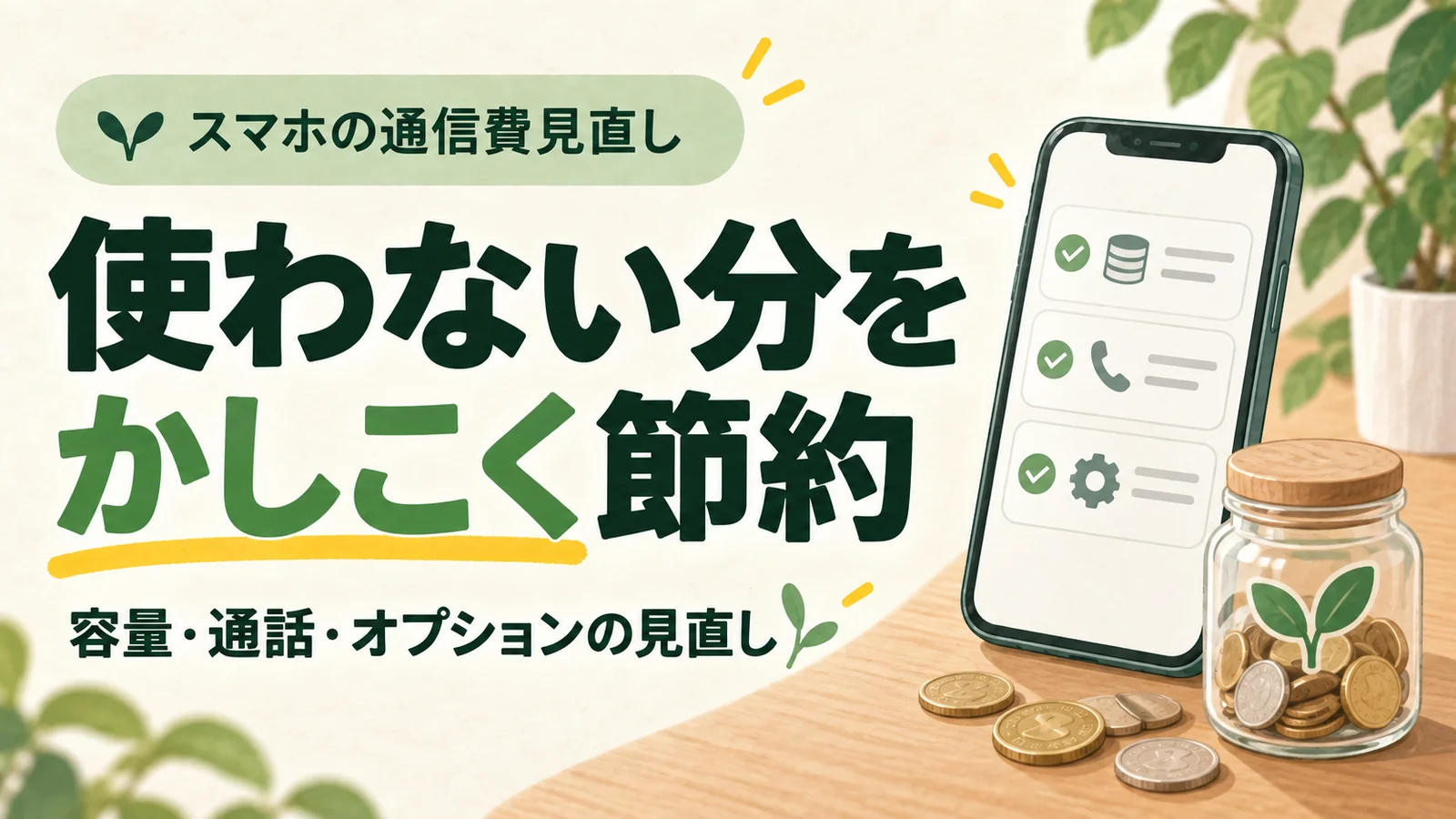 使わない分をかしこく節約の文字とスマートフォンと貯金用の瓶