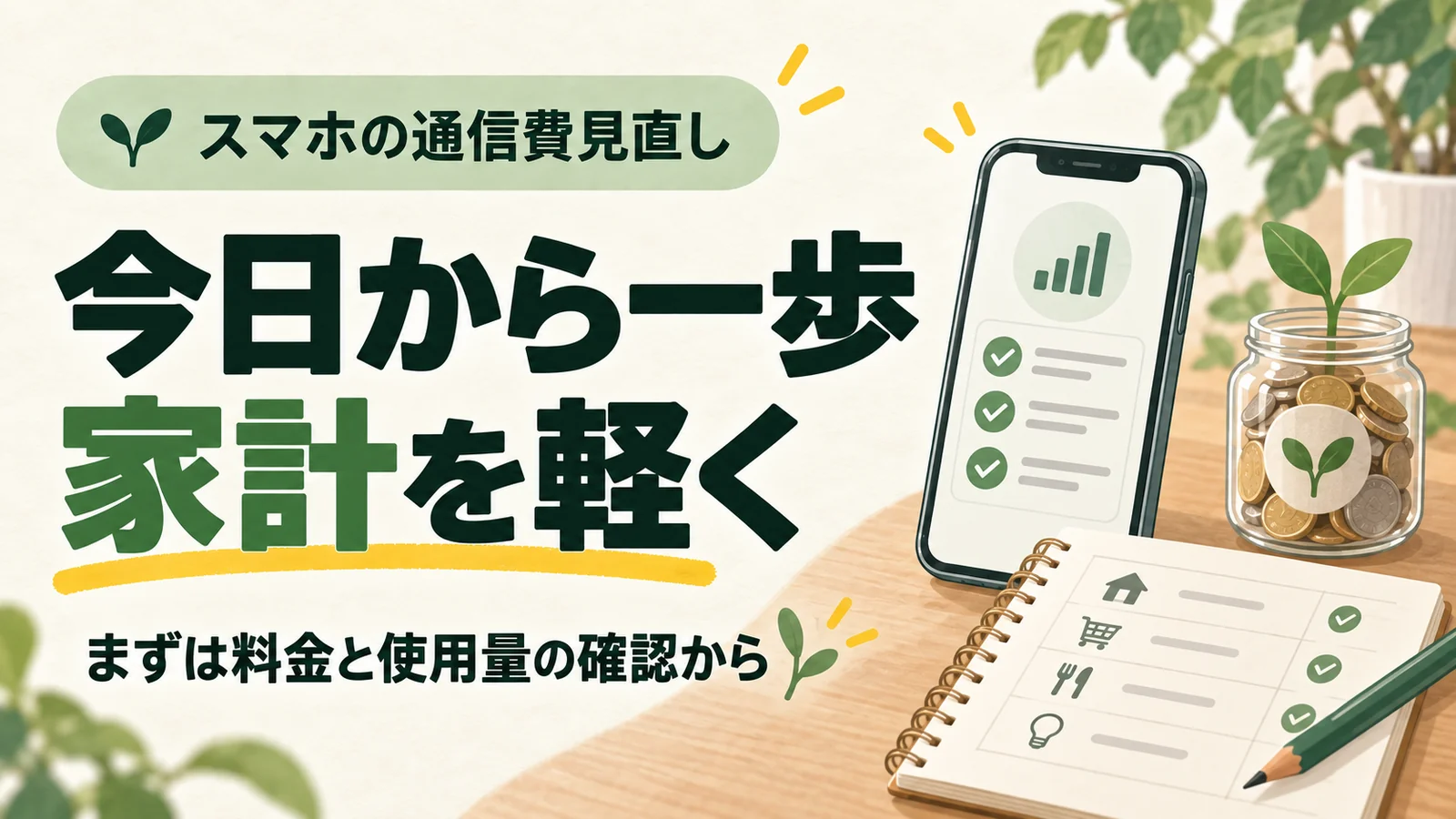 今日から一歩家計を軽くの文字とスマートフォンと家計ノート