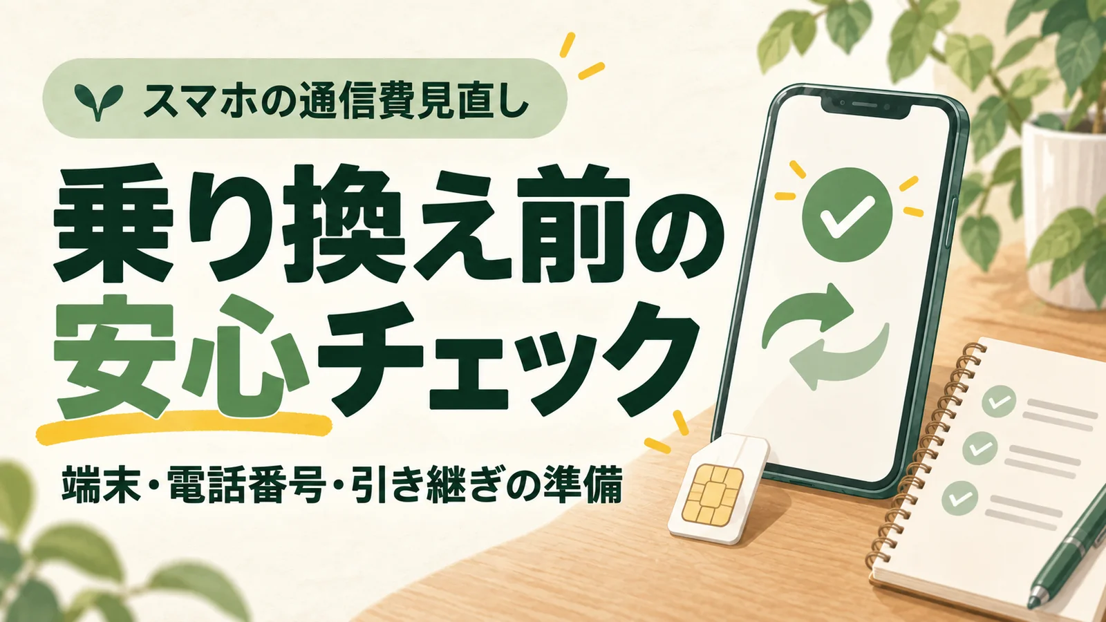 乗り換え前の安心チェックの文字とスマートフォンとSIMカード